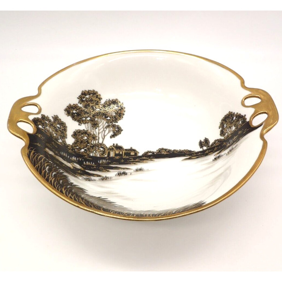 Hand Painted Nippon Bone China Huts on Waterfront Black with Gold Trim Vintage - Picture 1 of 10